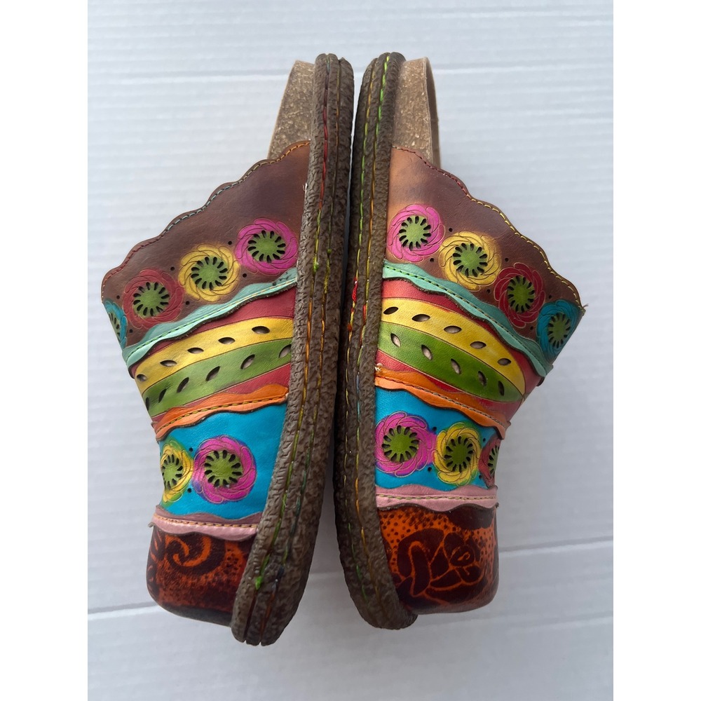 Socofy Womens Leather Mules Bohemian Floral Slip On Clogs Multi Color Size 37‎ - Picture 3 of 8
